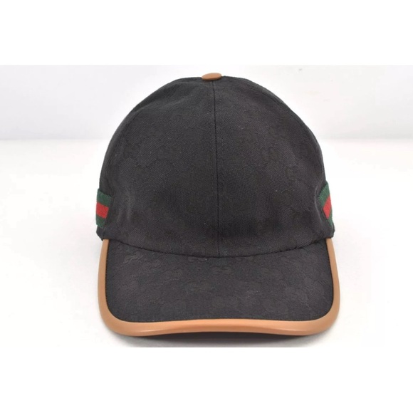 GUCCI Web Sherry Line Baseball Cap GG Canvas Leather Size L black/beige - Picture 2 of 16